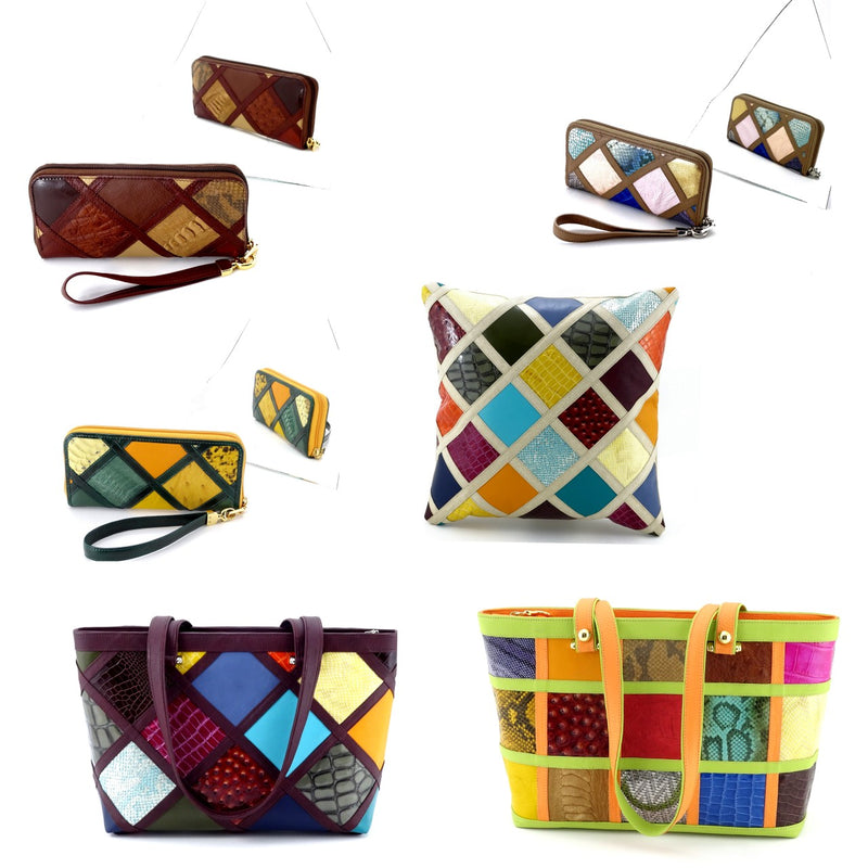 Patchwork leather work on Michaela zip around purses, cushion covers and Emily tote bags