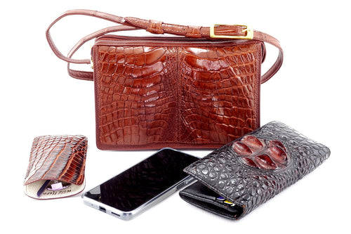 Handbag (Riley) Cross body bag havana tan crocodile & leather showing with large smart phone, large crocodile purse & crocodile glasses case