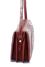 Handbag (Riley) Cross body bag havana tan crocodile elbows & leather close up of end gussets