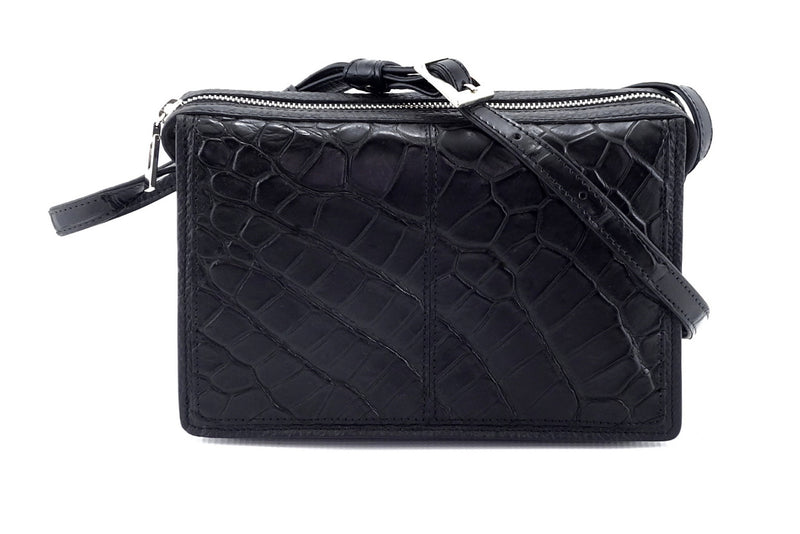 Handbag (Riley) Cross body bag - black matt crocodile skin & leather front view side 2