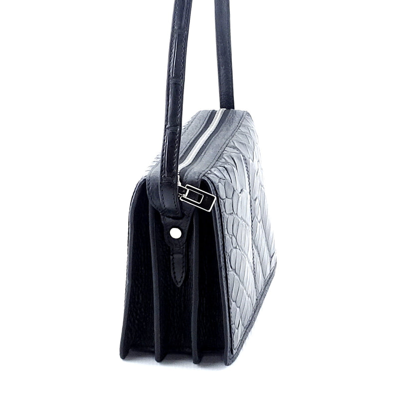 Handbag (Riley) Cross body bag - black matt crocodile skin & leather close view of the gusset end