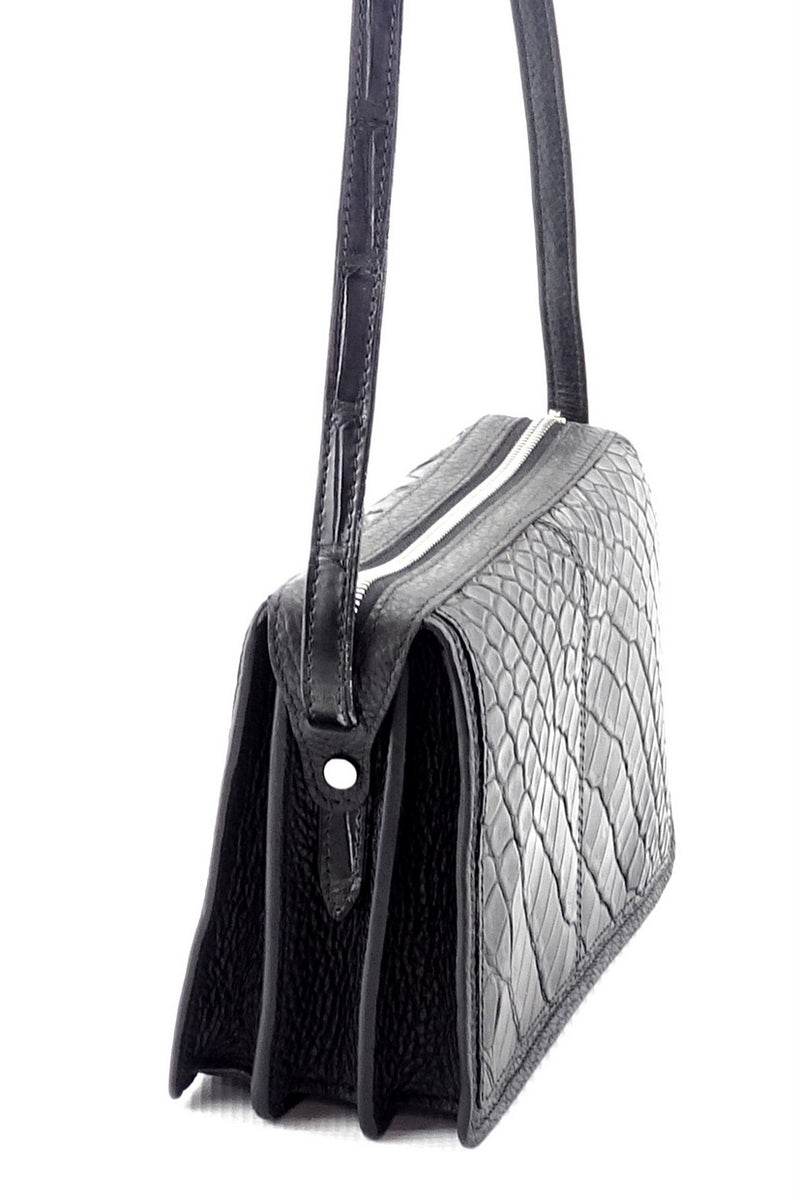 Handbag (Riley) Cross body bag - black matt crocodile skin & leather showing the other gusset end close up