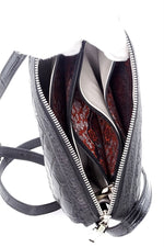 Handbag (Riley) Cross body bag - black matt crocodile skin & leather showing the lining fabric for the internal pockets