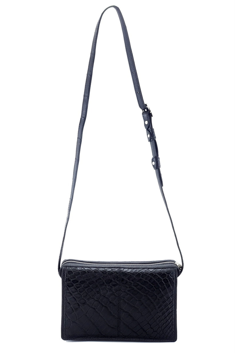Handbag (Riley) Cross body bag - black matt crocodile skin & leather long view front on showing shoulder straps extended