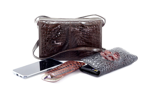 Handbag (Riley) Cross body bag chocolate brown crocodile & leather showing accessories that can fit into the bag
