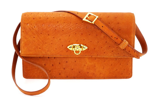 Handbag - cross body - (Tanya) Tan ostrich leather with handle. Front view with shoulder strap attached.