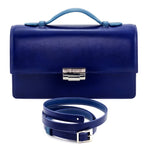 Handbag - cross body - (Tanya) Royal & Azure leather with Handle. Front view with lid handle raised shoulder strap no attached but shown.
