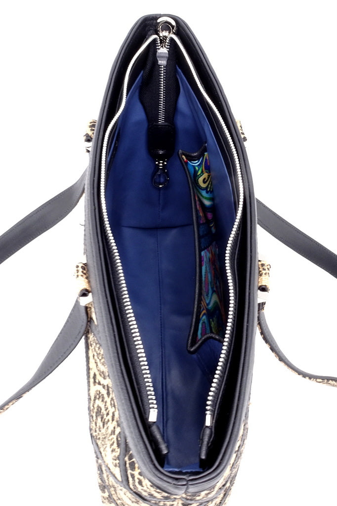 Emily Black & Cream Hessian fabric & leather medium tote bag showing inside pockets & zip key holder