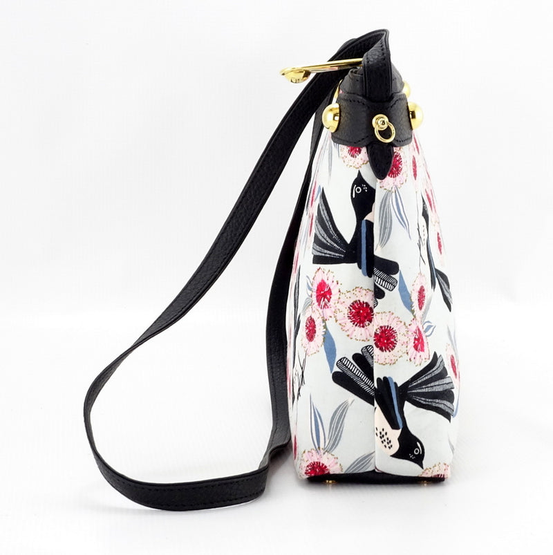Tote Bag - small - (Rosie) Willy Wag Tail fabric with black leather end view