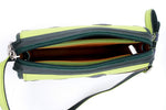 Handbag - small - (Riley) Cross body bag - Lime, green, grey & brown showing custard leather lining