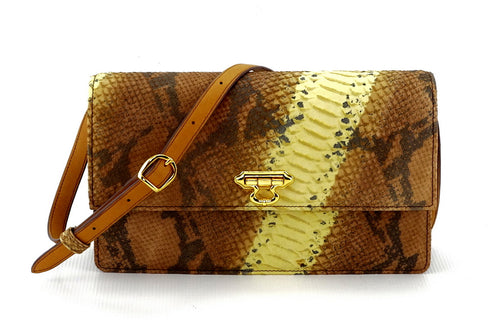 Handbag - cross body - (Tanya)  Leather print in yellow & brown. The front view with shoulder strap attached