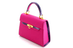 Handbag -traditional - (Beverly) - Fuchsia with lilac contrast leather showing the front and side gusset 
