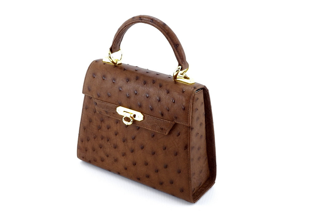 Handbag -traditional - (Beverly) - Brown Ostrich skin leather