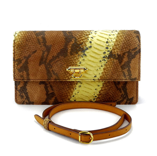 Handbag - cross body - (Tanya)  Leather print in yellow & brown. Front view with the shoulder strap removed and coiled up in front of the bag.