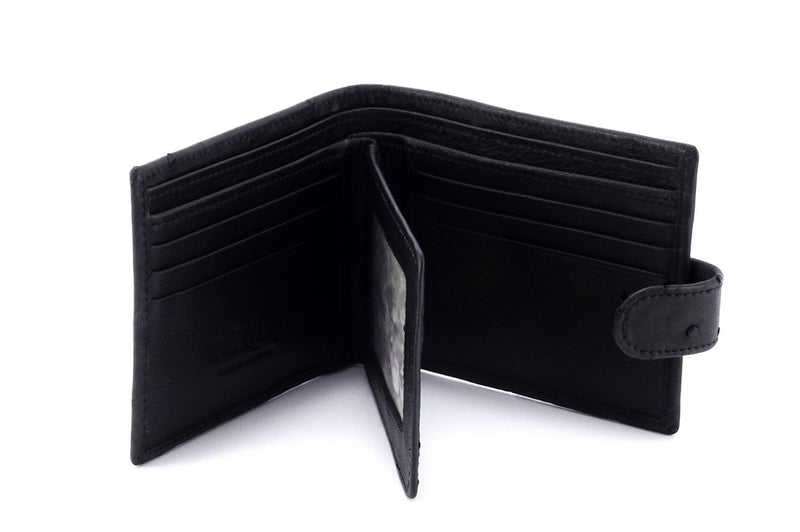 Wallet - large- (Harrison) Black ostrich skin leather with tab showing inside pockets