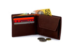 Wallet - medium bi fold - (Mason) Brown leather - coin pocket showing pockets in use