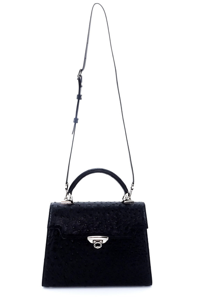 Handbag -traditional - (Joan)  Black ostrich skin leather showing front view with shoulder straps extended