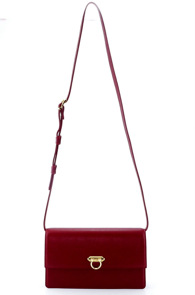 Handbag - cross body - (Tanya)  Dark Red  leather gold fittings showing the bag with shoulder straps fully extended