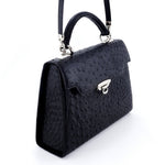 Handbag -traditional - (Joan)  Black ostrich skin leather showing side view of shoulder strap attachments 