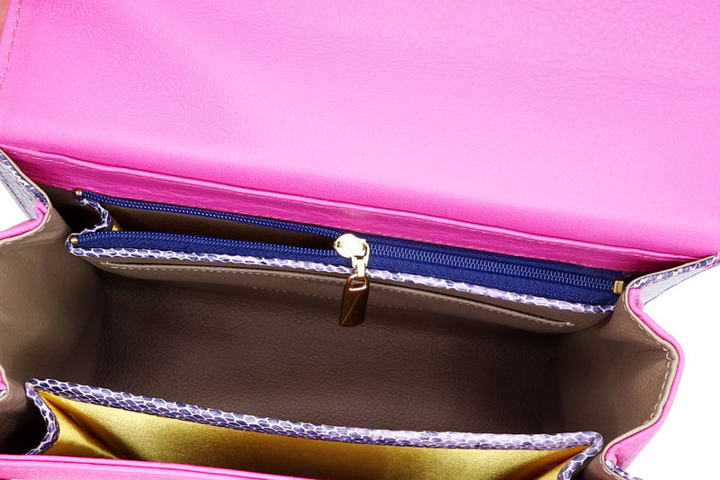 Handbag -traditional - (Beverly) - Fuchsia with lilac contrast leather showing inside pockets