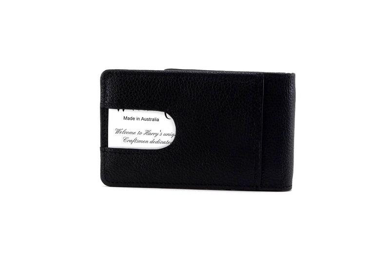 Billfold wallet back pocket outside view black leather card in place