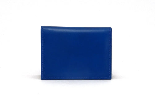 Business card wallet Blue leather side gusset outside view