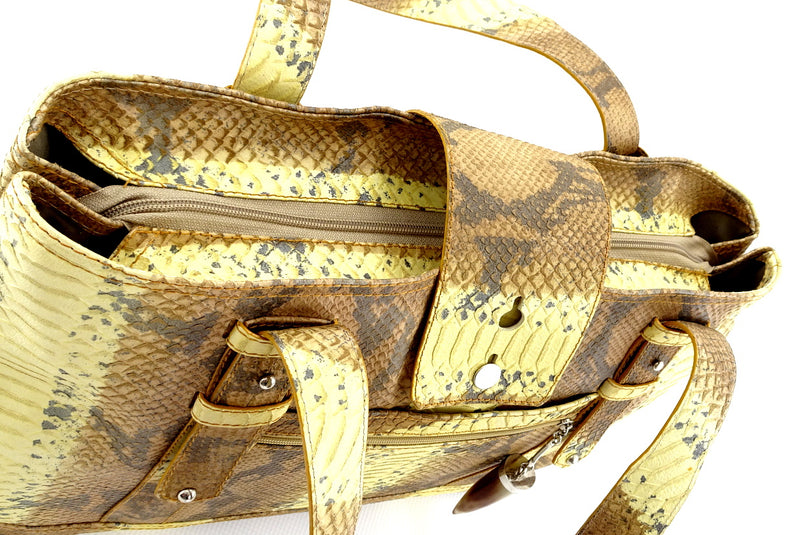 Felicity  Yellow and brown snake print leather large tote bag zip top
