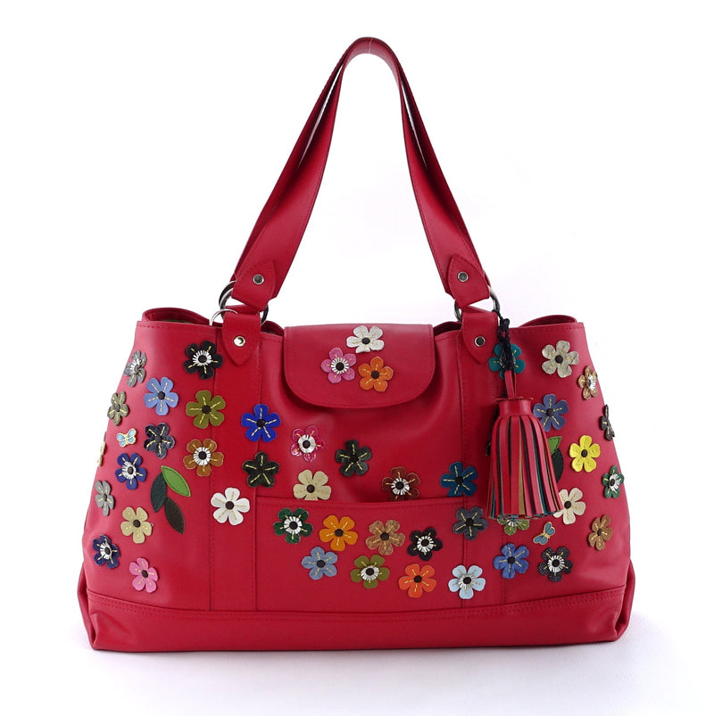 Felicity  Rojo leather flower detail tassel large tote bag front handles up
