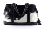 Felicity  Black & white hair on cow hide dark brown leather tote bag side 2 handles down