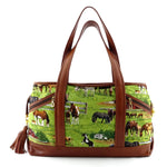 Felicity  Tan leather with a horse print fabric large tote bag back handes up