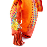 Felicity  Orange Leather with woven cotton fabric large tote bag zip end tassel