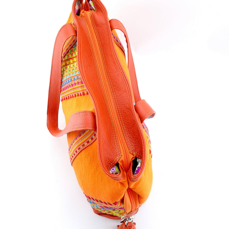 Tote bag large (Felicity) Orange Leather with woven cotton fabric