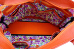 Felicity  Orange Leather with woven cotton fabric large tote bag close up inside pockets