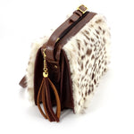 Riley Cross body bag White & brown HOH rabbit & tan leather tassel end view