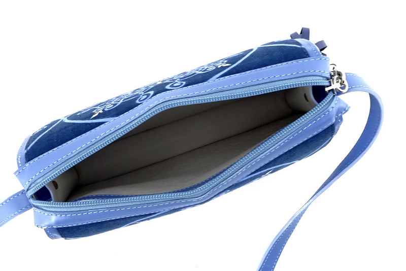 Riley Cross body bag denim fabric & astral blue leather internal view