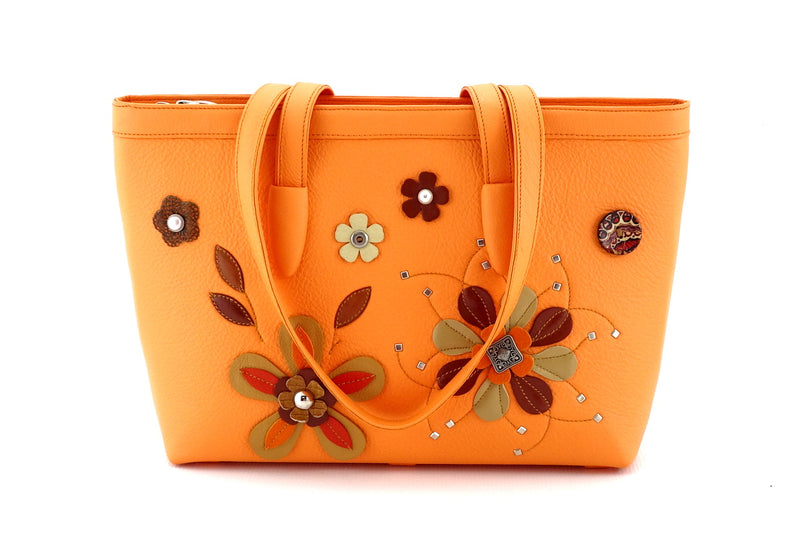 Tote bag- medium - (Emily) Pale orange designer bag with flower detail - leather art