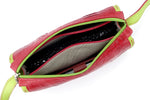 Riley Cross body bag Red ostrich leg with lime leather inside view stocked