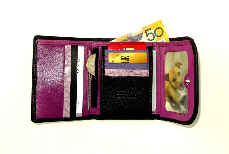 Dorothy  Trifold purse - Black leather purple inside ladies wallet inside fully loaded