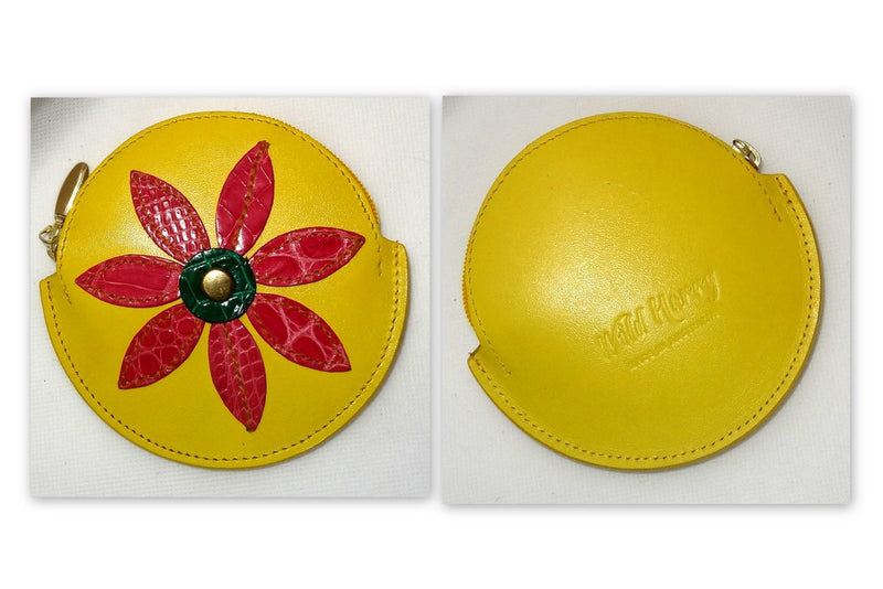 Coin Purse - Round decorated leather with zip Yellow with large red flower 