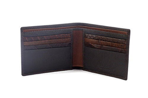 Inside view of Large bi fold wallet in dark brown showing the pocket layout