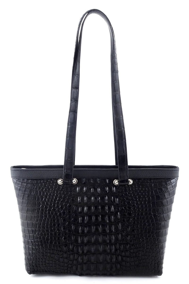 Black trophy skin crocodile cut Emily tote bag showing front view with shoulder straps  up