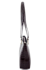 Emily tote bag in chocolate brown crocodile backstrap belly cut showing end view shoulder straps up