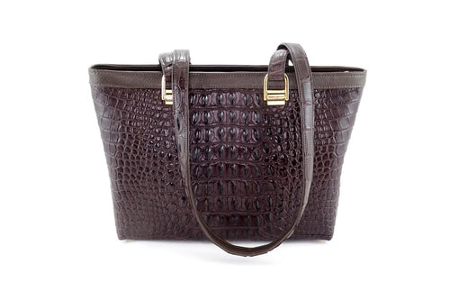 Emily tote bag in chocolate brown crocodile backstrap belly cut showing front view 1