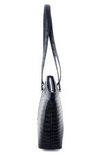 Black trophy skin crocodile cut Emily tote bag showing end view with shoulder sraps up