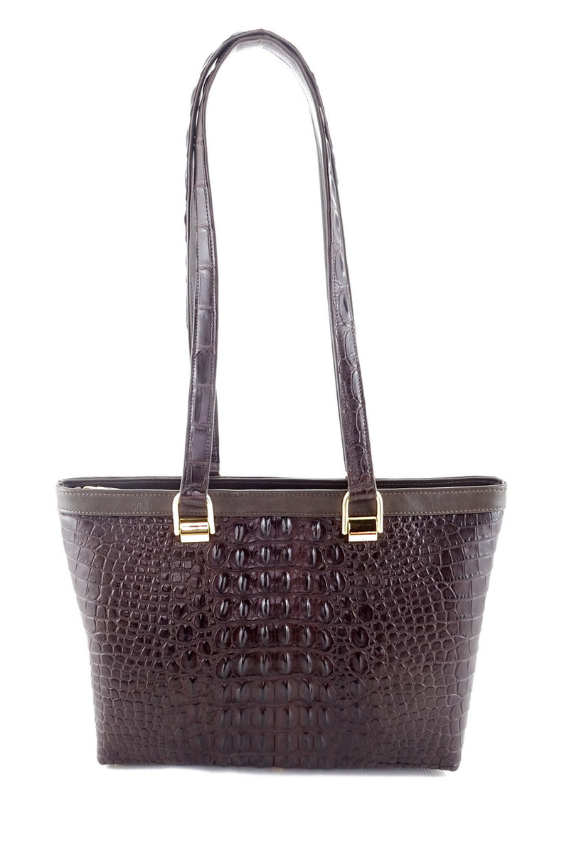 Emily tote bag in chocolate brown crocodile backstrap belly cut showing front view 2 with shoulder straps up