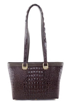 Emily tote bag in chocolate brown crocodile backstrap belly cut showing front view 1 with shoulder straps up