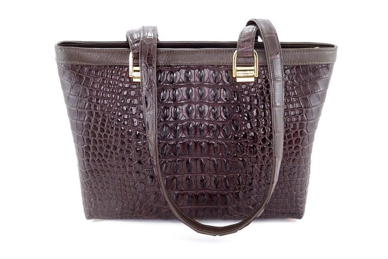 Emily tote bag in chocolate brown crocodile backstrap belly cut showing front view 2