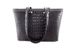 Black trophy skin crocodile cut Emily tote bag showing front view with shoulder straps down