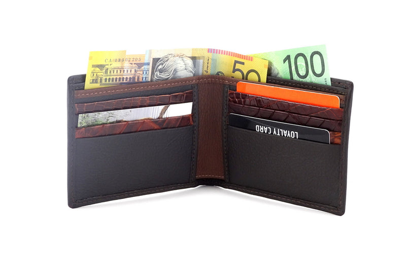 Martin bi fold hip wallet double credit dark brown leather showing inside pocket layout with money & cards in place