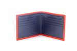 Burnt orange Martin bi fold wallet showing the inside pocket layout in a dark blue